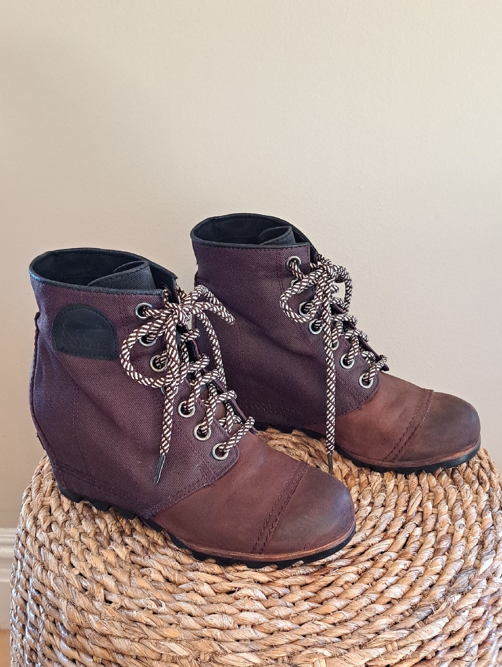 Sorel Womens PDX Lexie Brown Canvas/Leather Boho/Preppy Wedge Ankle Booties 9